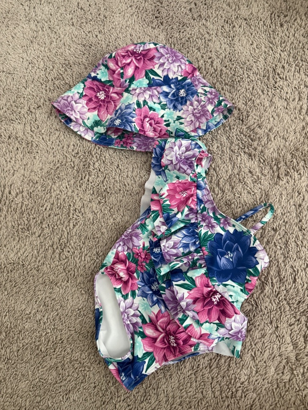 Janie and Jack Floral One-Piece Swimsuit and Sun Hat - Pink, Purple, Blue, Green